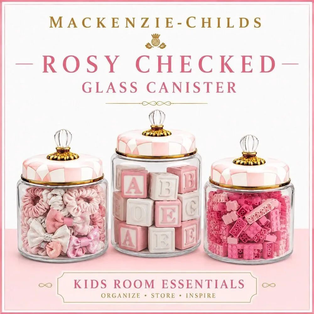 Mackenzie Childs Large Rosy Check Pink and White Glass Canister New